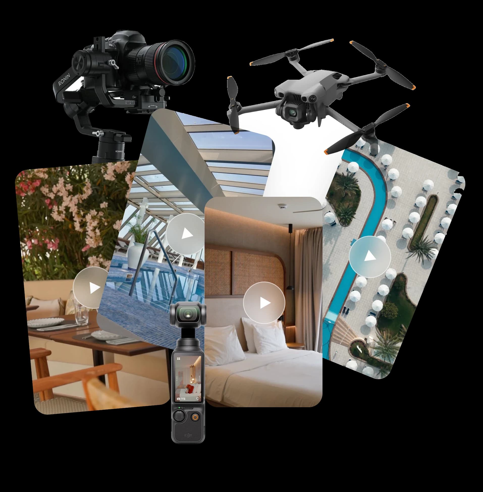 Cinema camera, drone, and pocket gimbal camera with vertical hotel video clips
