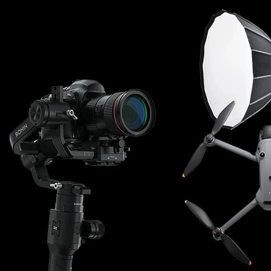 Cinema camera on a gimbal, softbox and drone